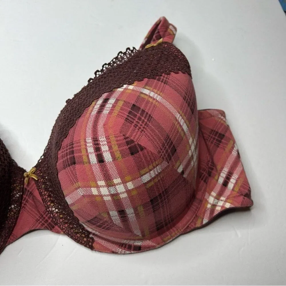 Cacique Plaid Red Lace Trim Lined T Shirt Bra 40H